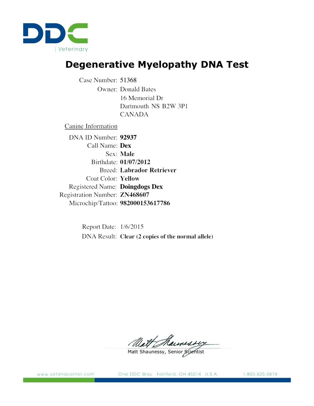 Dex's Degenerative Myelopathy DNA Test